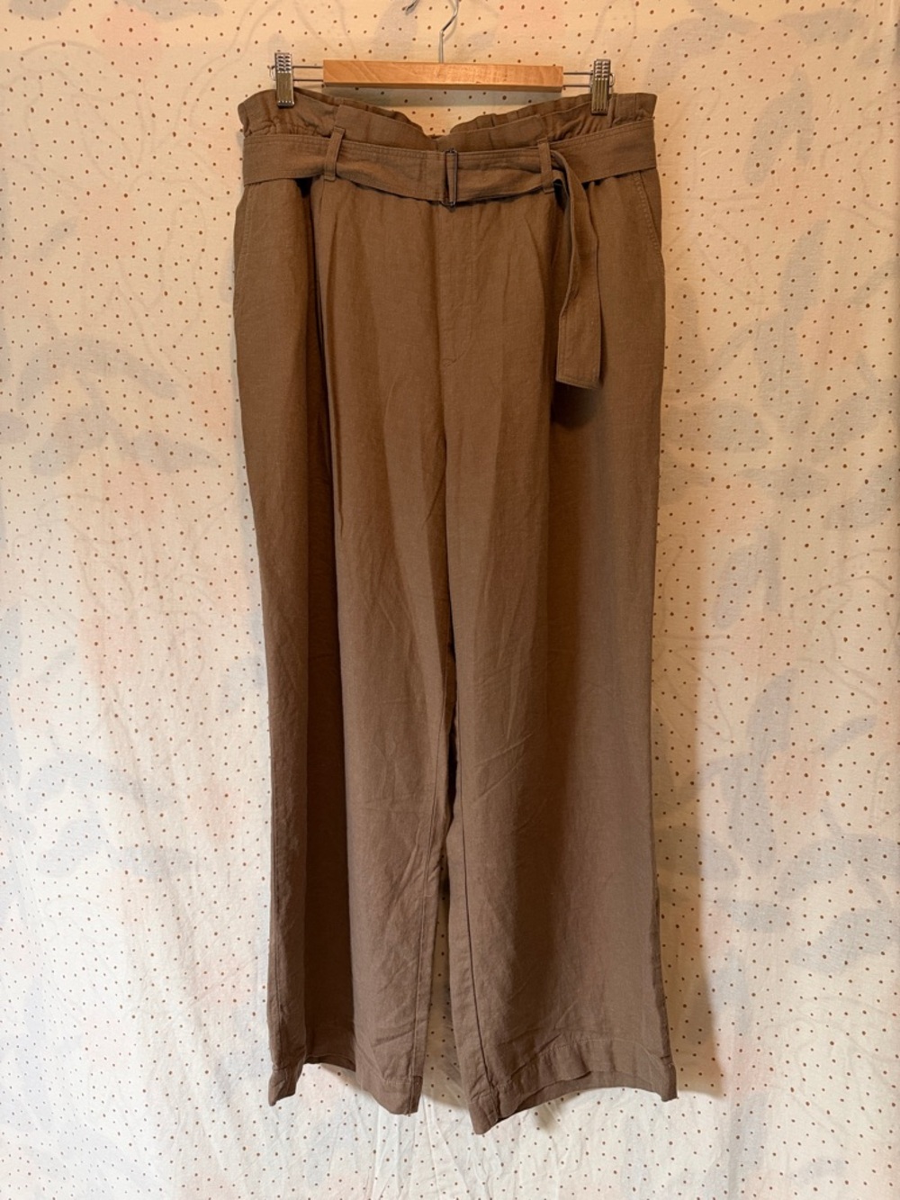 High-Waist Paperbag Tie-Waist Wide Leg Linen Blend Pants - Brown